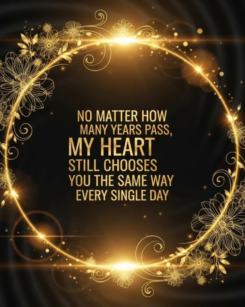 Elegant golden anniversary quote design with floral circle and romantic love message