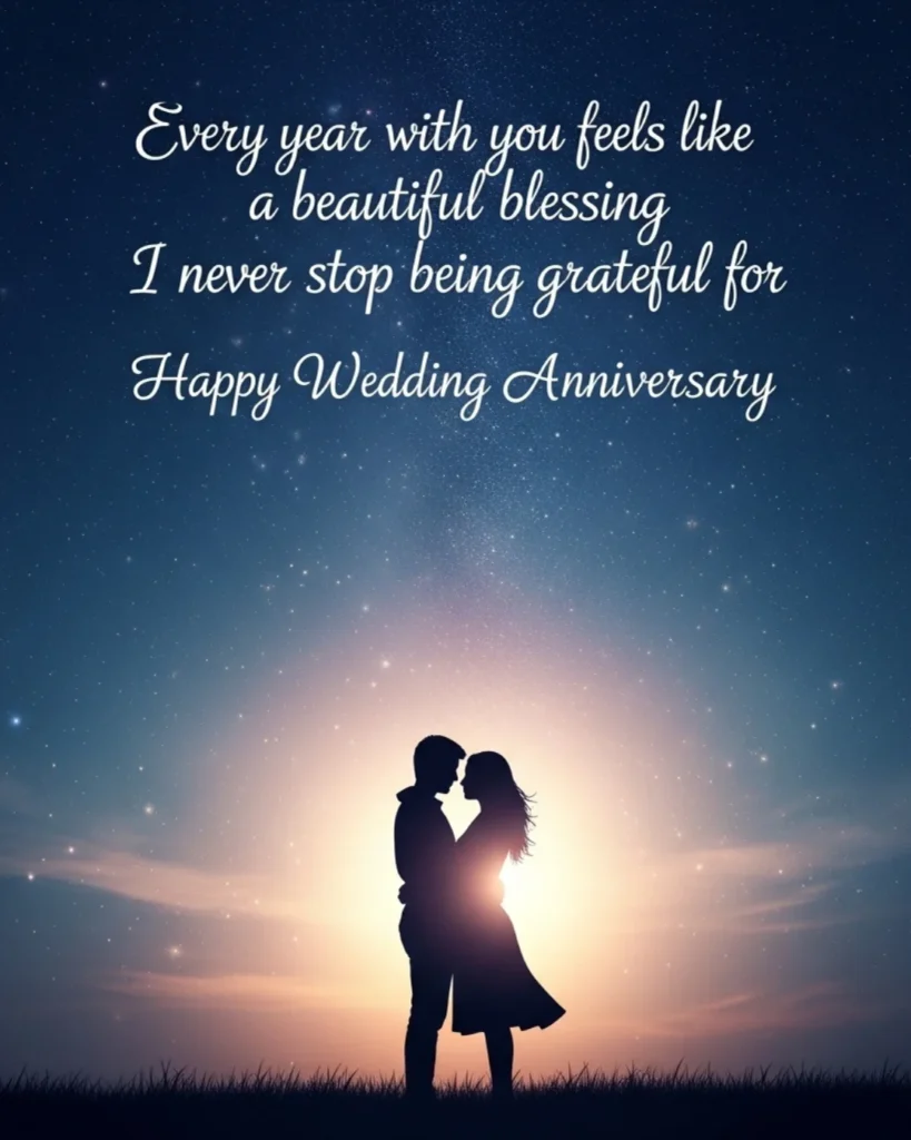 Happy wedding anniversary wishes image with a couple silhouette at dusk, starry sky background, and sentimental marriage quote