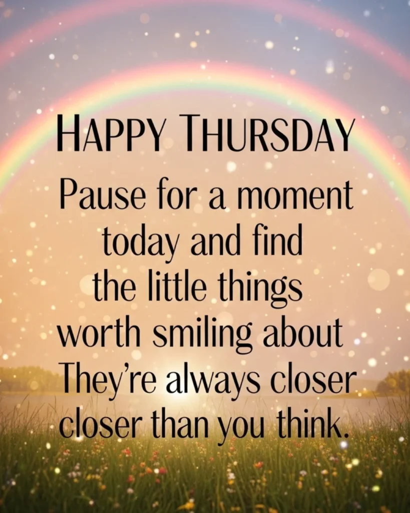 A vibrant rainbow over a soft-focus meadow with a "Thankful Thursday" quote about finding joy in small things.