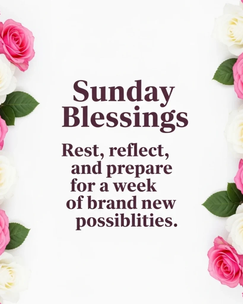Short Sunday blessings quote rest reflect and prepare for new week with pink roses