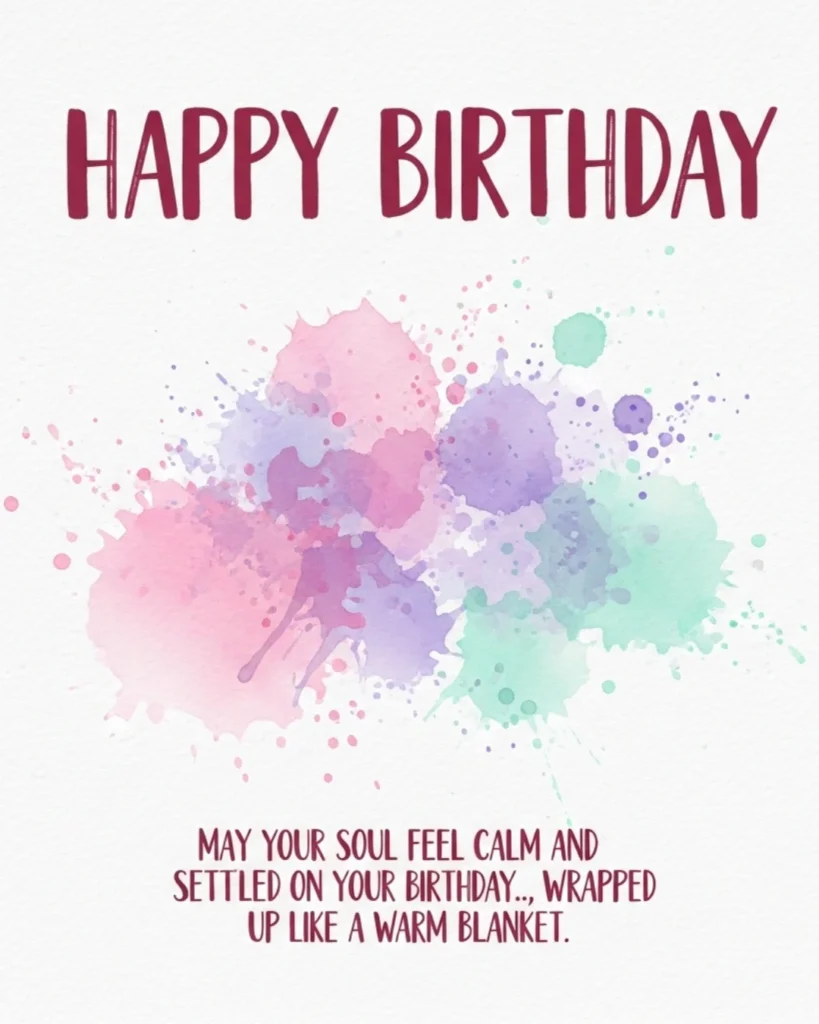 Simple happy birthday blessings image with colorful watercolor paint splashes in pink, purple, and mint on white paper texture background
