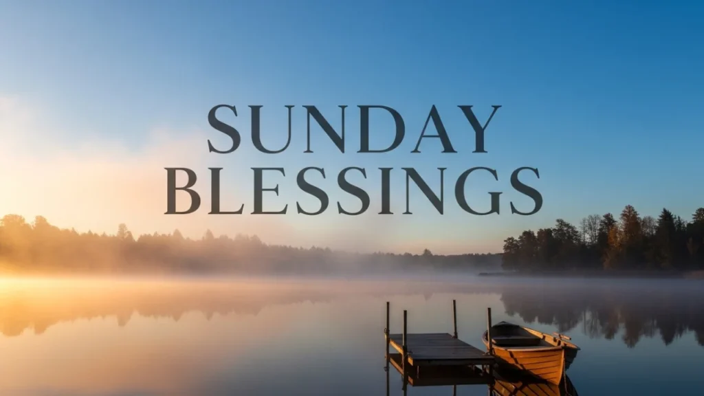 Sunday blessings text over peaceful misty lake with boat at sunrise