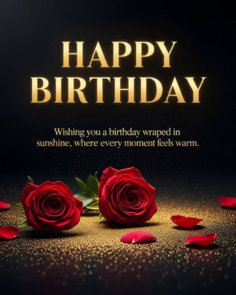 Sweet happy birthday blessings image with two red roses on golden glitter surface, dark background, and glowing gold text