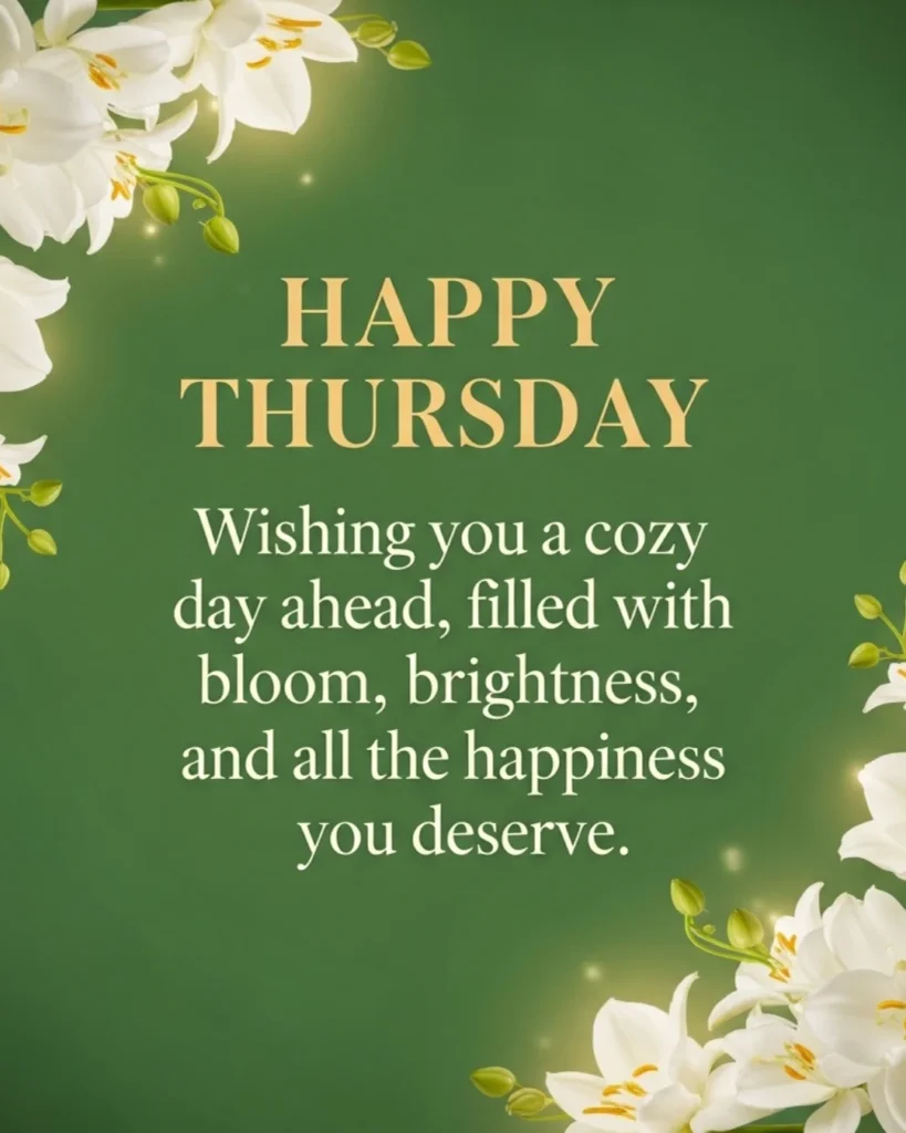 A high-quality gallery image featuring bright spring blooms and uplifting Thursday morning greetings.